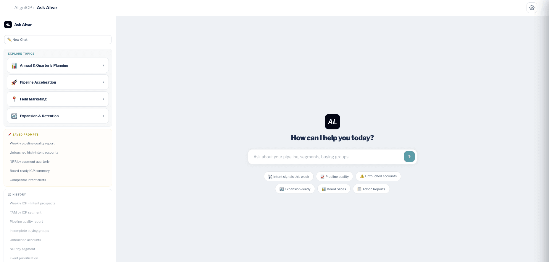 Ask Alvar full chat interface — sidebar with Explore Topics, Saved Prompts, and History alongside the main 'How can I help you today?' prompt with quick suggestions for intent signals, pipeline quality, untouched accounts, expansion-ready, board slides, and adhoc reports